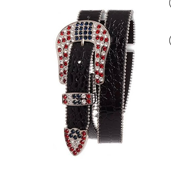 Nomad Creek Women's US Flag Colored Rhinestone Studded Buckle Leather Black Belt - Picture 1 of 7